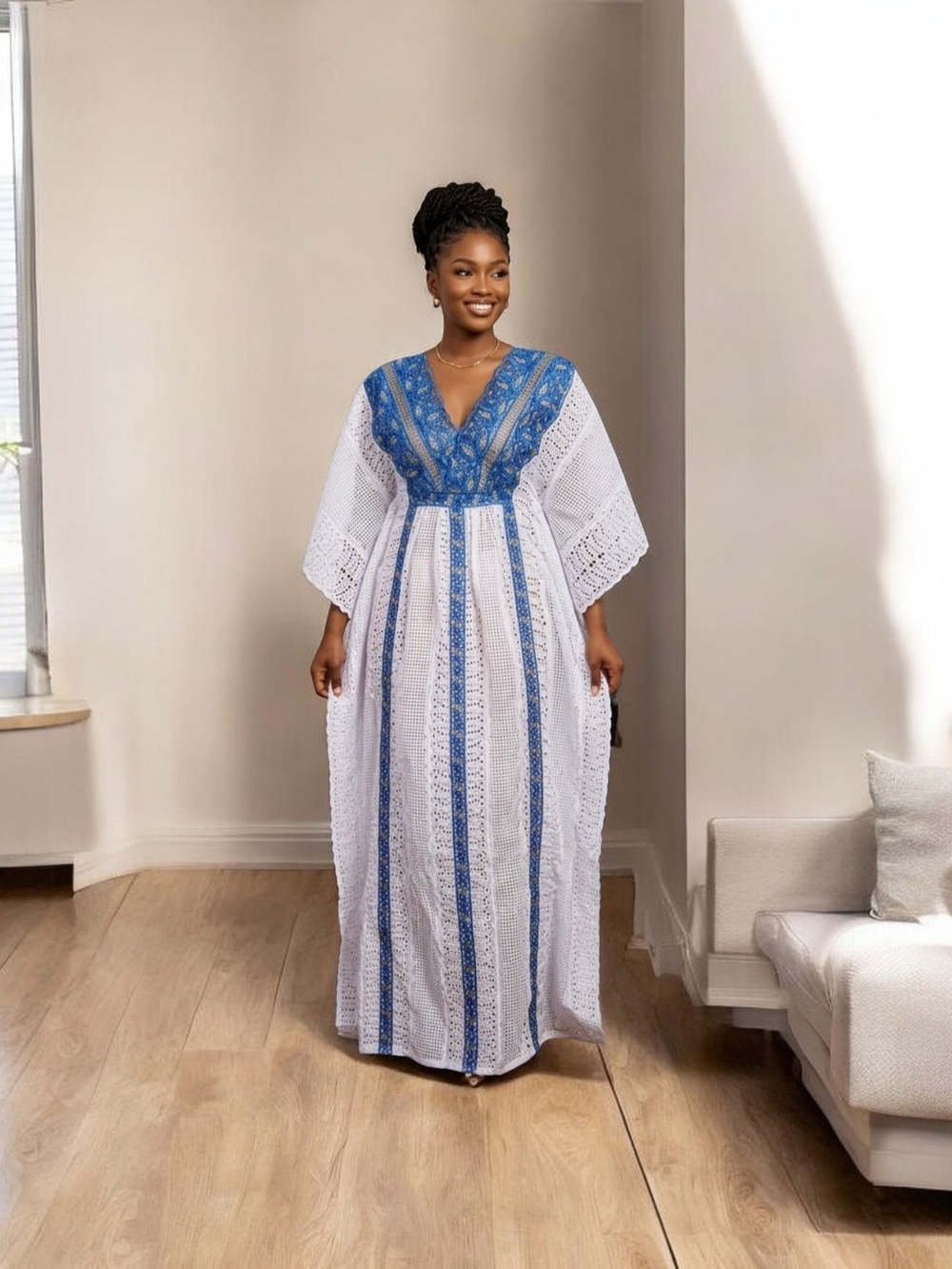 White and Blue Women's Kaftan Maxi Dress - Lightweight Boho Style